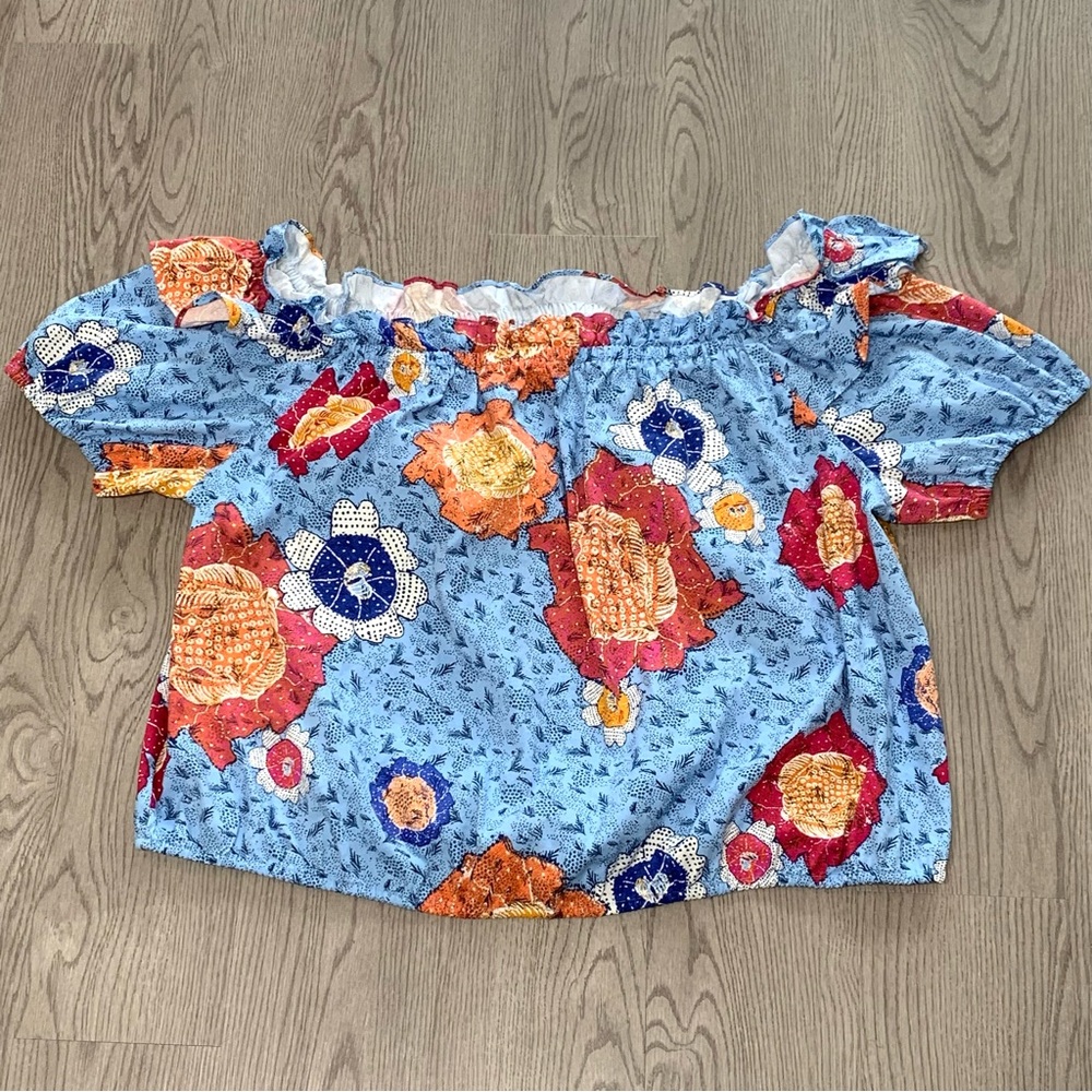 INC Blue Floral Off Shoulder Cotton Ruffle Top Womens 4X‎